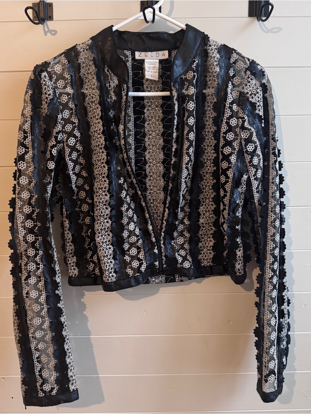 ZELDA Vintage Black Lace Floral Jacket Women’s 6 Faux Leather Trim Gothic